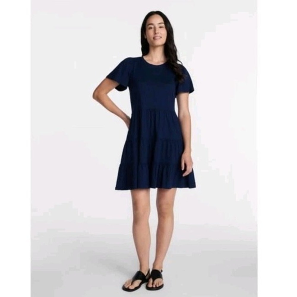Time and Tru Women's Tiered Cotton Dress with Short Sleeves Dark Navy Size M